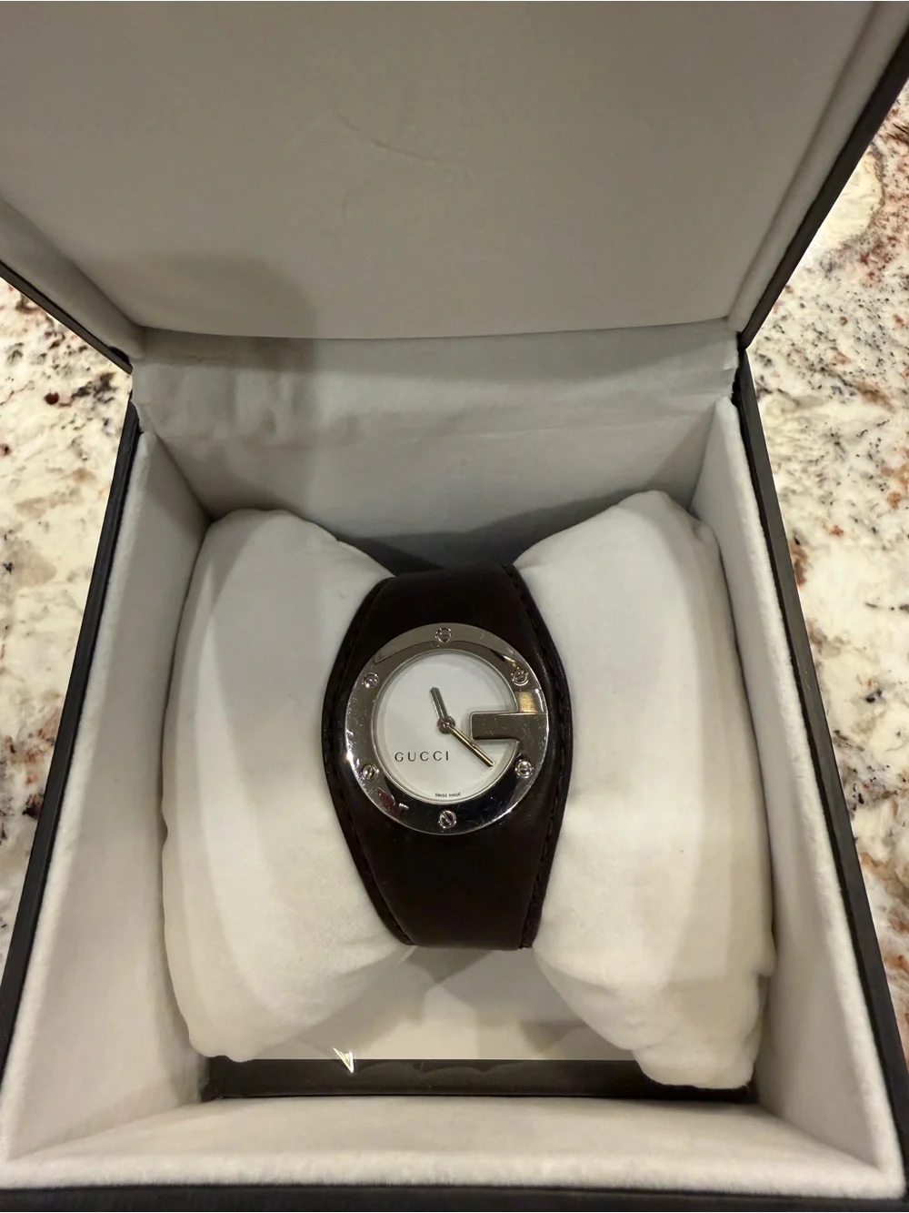 Gucci Women's Dark Brown Leather Strap Watch with Silver-Tone Bezel